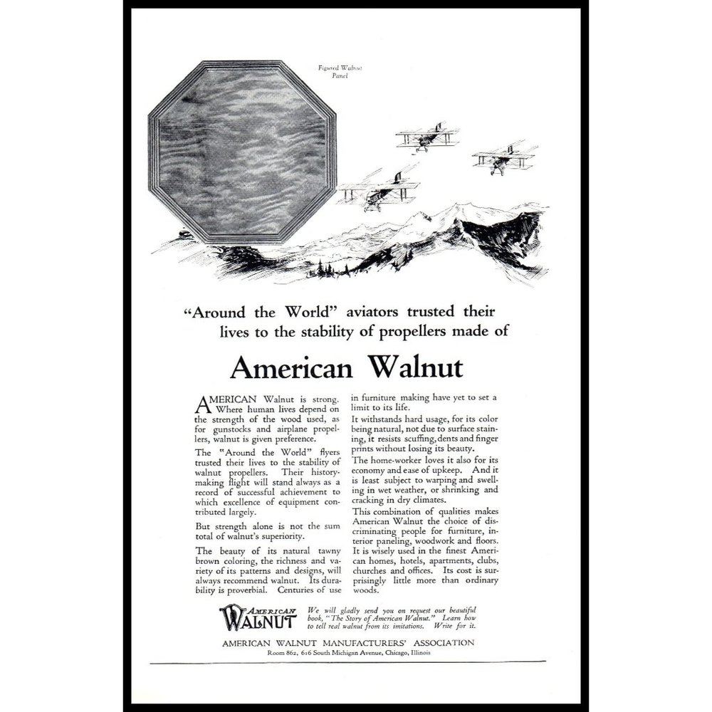 1924 American Walnut Lumber Wood Vintage Print Ad Biplane Airplanes Wall Art